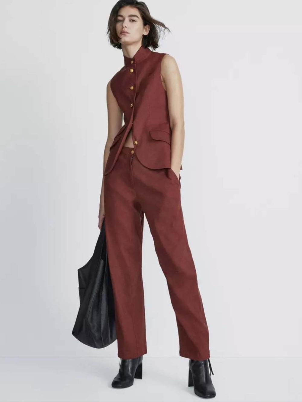 Rag & Bone Slade Vest & Dawn Pants Linen Blend 2 Piece Set Mahogany Size 8 $690